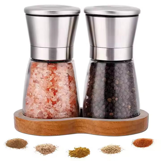 Premium Household Item Travel Salt and Pepper Grinder Set with Wooden Standing Tray Seasoning Shaker Pepper Grinder