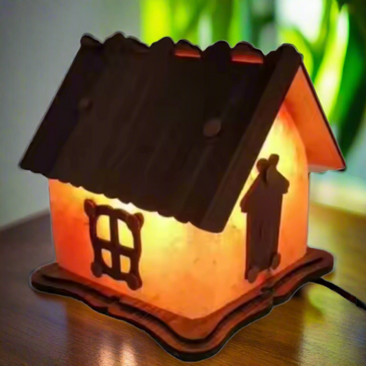 Hut Shape 3D Salt lamps with Wooden Sketch Himalayan Pink Salt