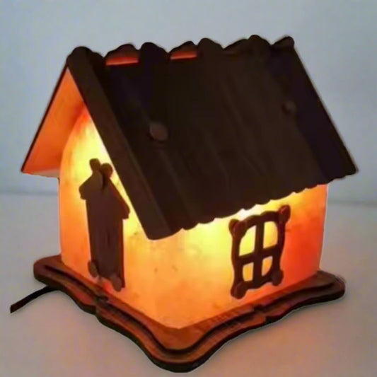 Hut Shape 3D Salt lamps with Wooden Sketch Himalayan Pink Salt