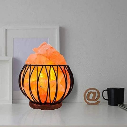 Round Metal Basket with Wooden Base Dimmable Himalayan Salt Lamp elegant Mood light for Home decor