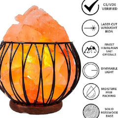 Round Metal Basket with Wooden Base Dimmable Himalayan Salt Lamp elegant Mood light for Home decor