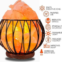 Round Metal Basket with Wooden Base Dimmable Himalayan Salt Lamp elegant Mood light for Home decor