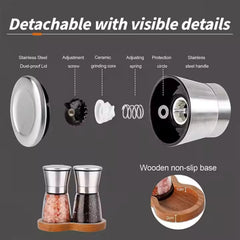 Premium Household Item Travel Salt and Pepper Grinder Set with Wooden Standing Tray Seasoning Shaker Pepper Grinder