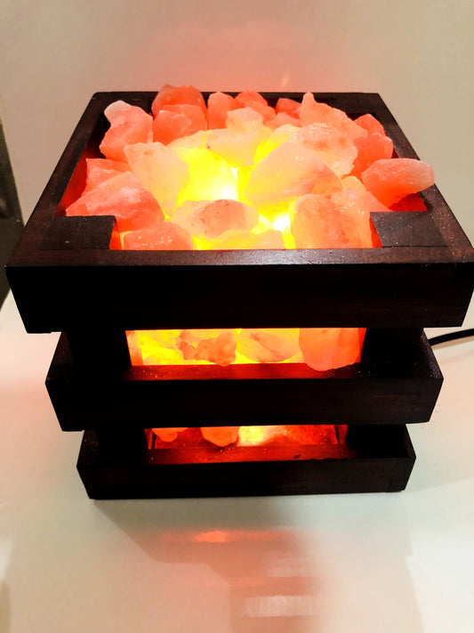 Premium Quality Cubic Shape Fancy Design Wooden Basket with Chunks by Fafa Himalayan Salt lamps